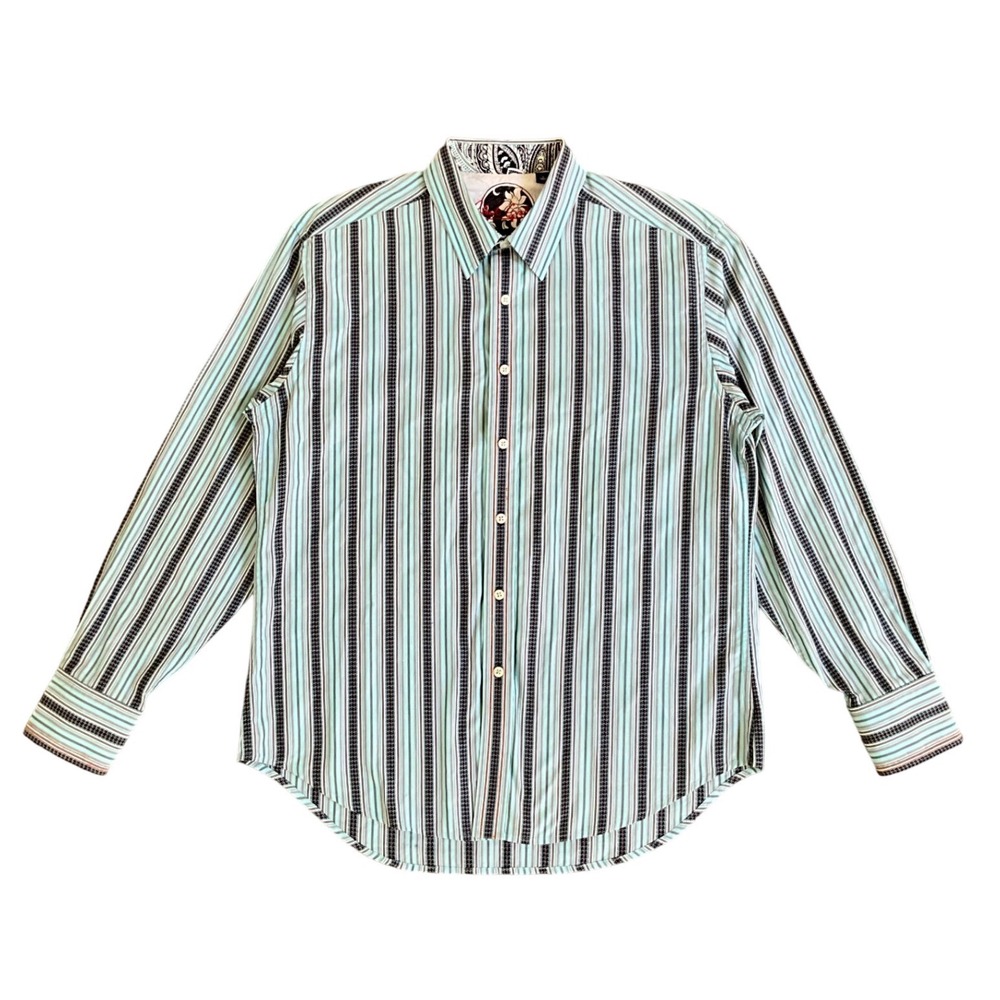 Robert Graham Striped Cotton Button Up Shirt Paisley Silk Trim Office Men's L